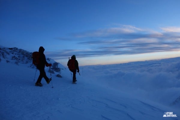 Mentees Buster and Marianne descending the upper West Buttress after summiting Denali, Alaska