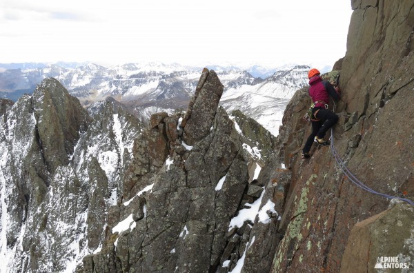 Mentee Marianne van der Steen climbing on the North Face of Mount Sneffels, Colorado