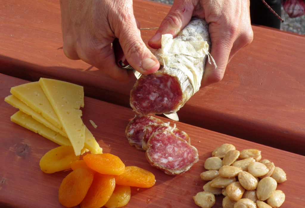 cutting salami and cheese for fall snack