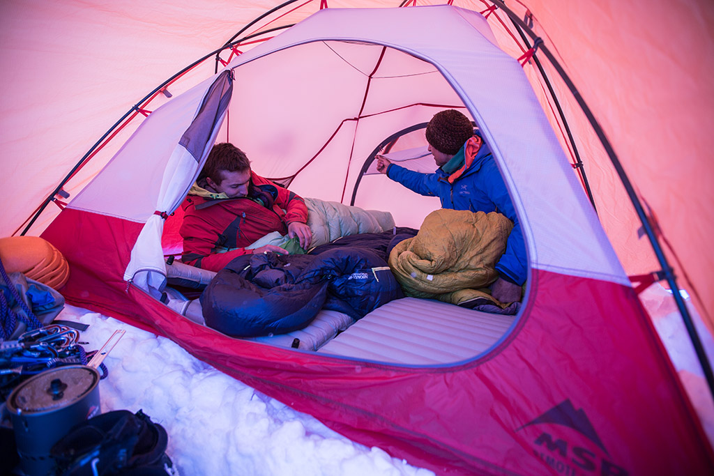 hanging out in remote mountaineering tent
