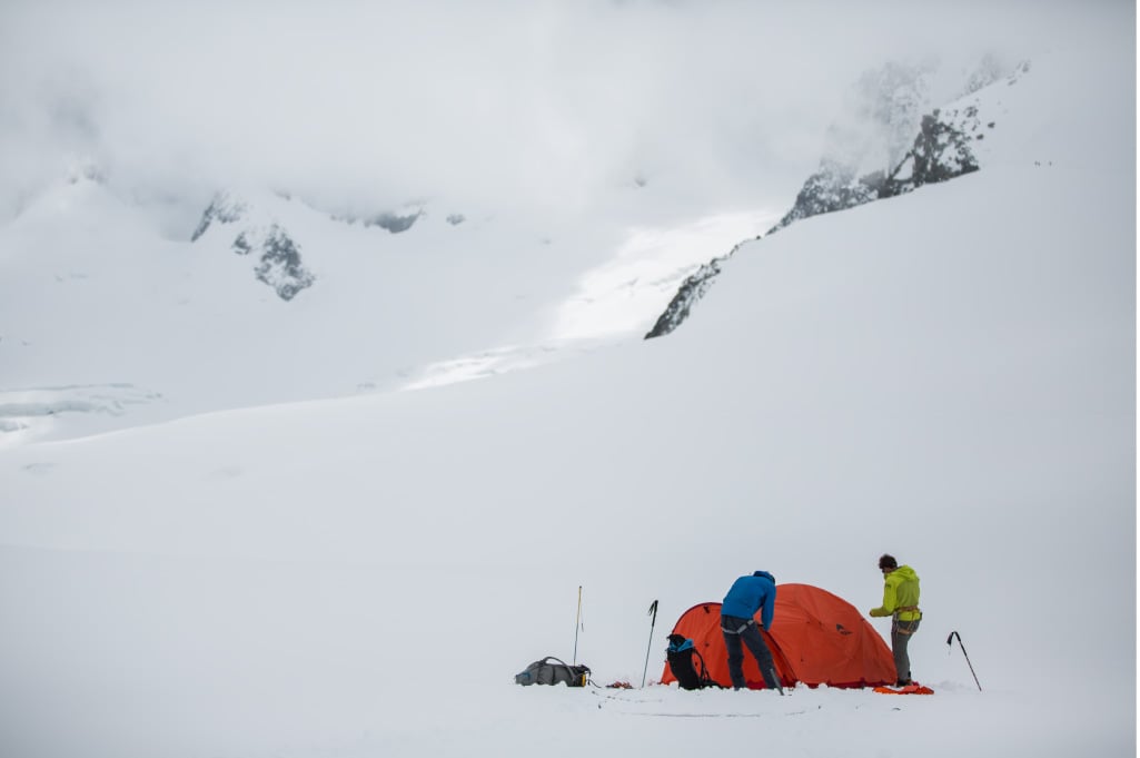 winter camping tent setup