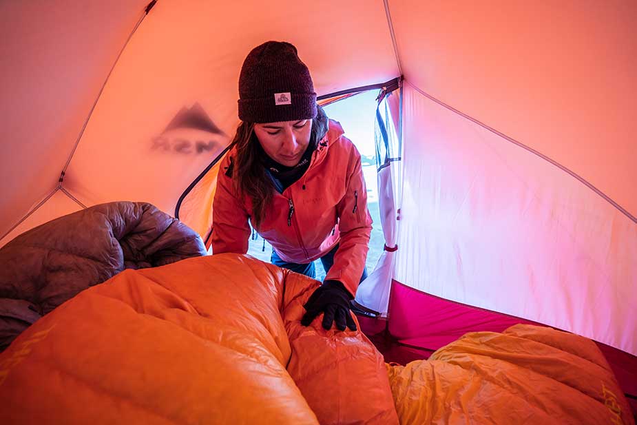 winter sleeping bags in tent