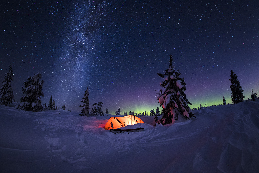 snow camping at night