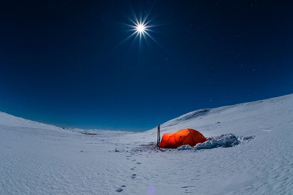 MSR winter tent at night