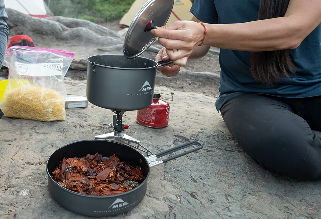A homemade backpacking meal, ready for water.