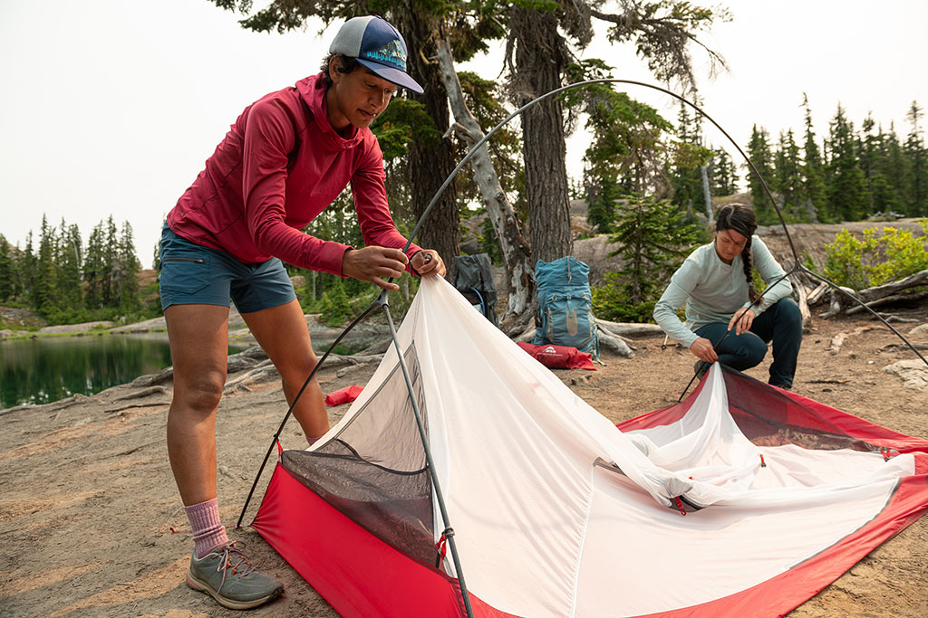 setting up backpacking tent