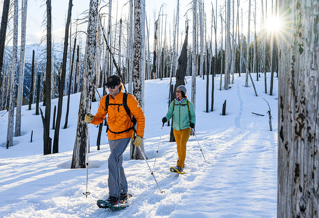 Man and woman snowshoeing through forrest