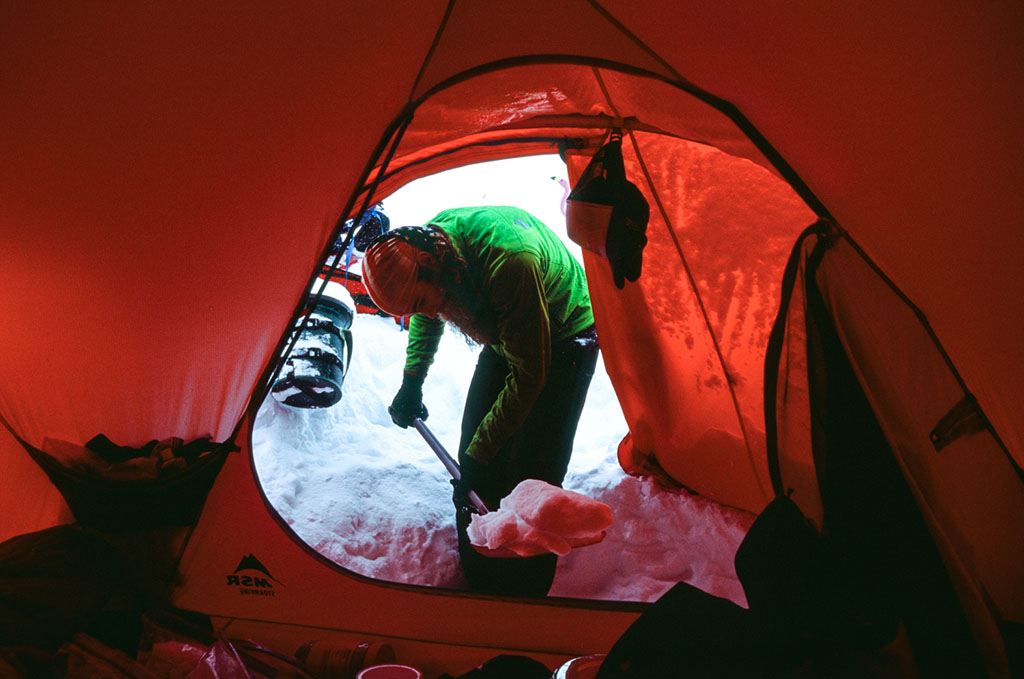 clearing snow from tent vestibule