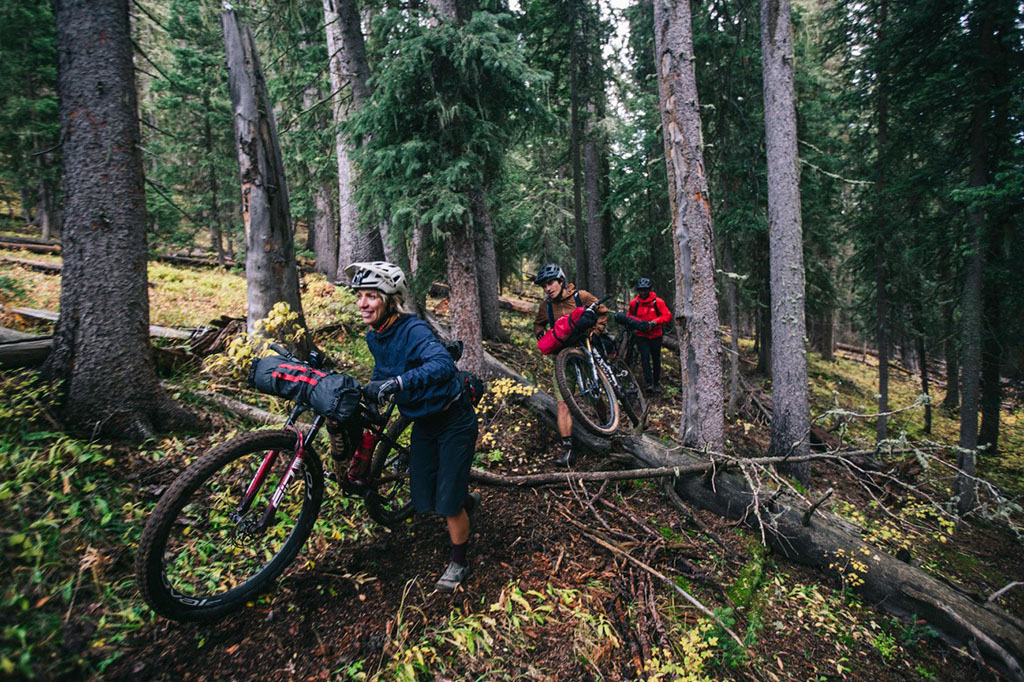 carrying bikes through forest