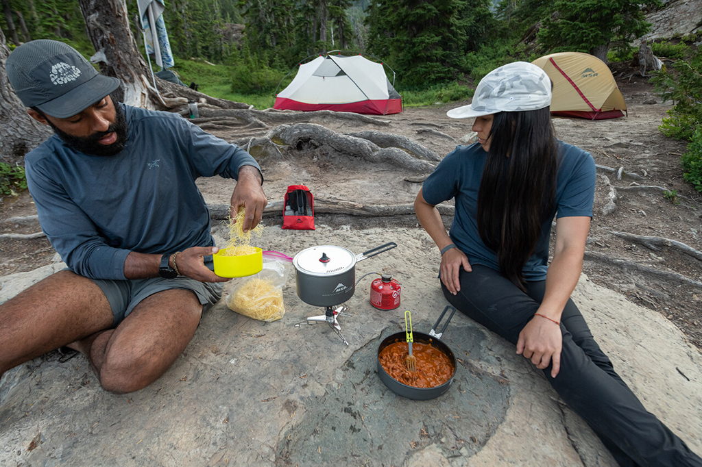 cooking on backpacking trip with lowdown remote stove adapter