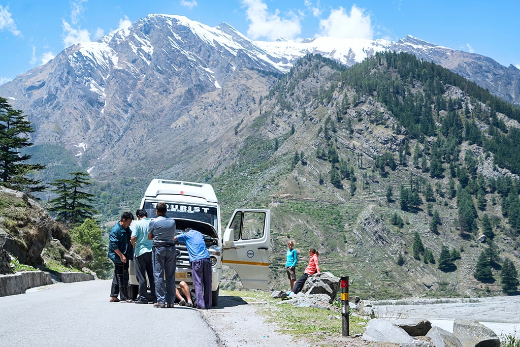 The Shivling trek in the Indian Himalaya starts with a three drive from Delhi to Gangotri, a Hindu holy place along the Ganges River. From Gangotri, a two day walk reaches both the Tapovan or Nandanvan basecamp at the base of Shivling, 6543 meters, and from there numerous trails can be explored. While driving in the van broke down.