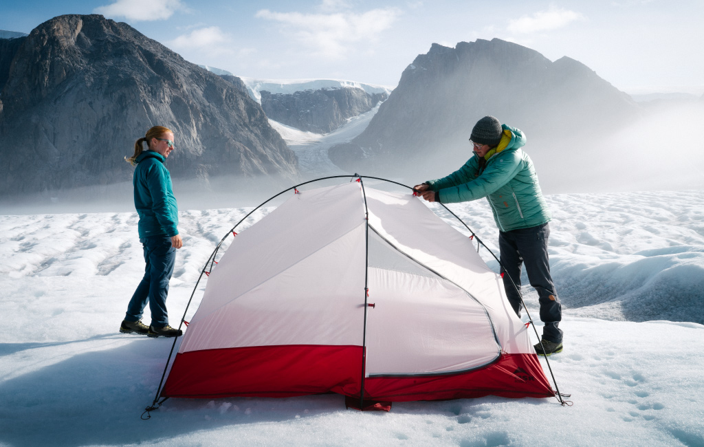 Setting up MSR Access 3 tent on glacier 