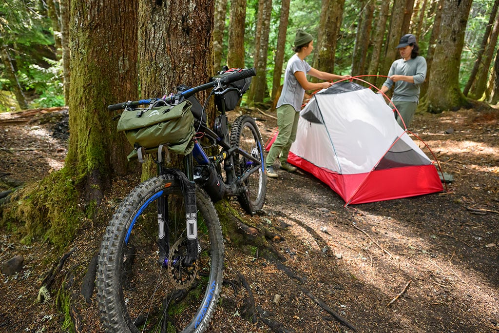setting up bikepacking tent